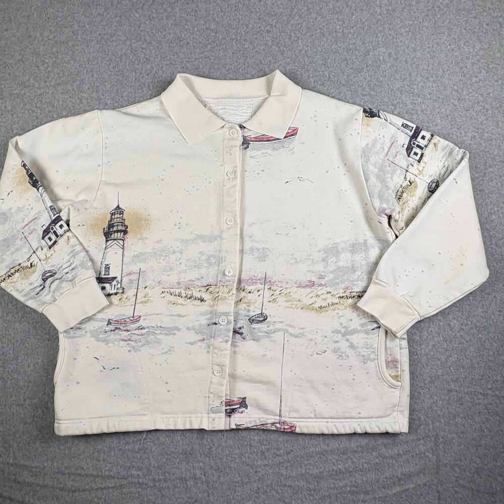 Vintage Too Cool Lighthouse Sailboat Cardigan M Coastal Nautical Sweatshirt